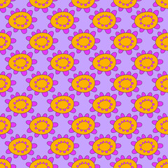 square vector seamless pattern - flower in hippie style.1970 good vibes.Funky and groovy 1970 daisy flower.Funky 1960 psychedelic ornament with floral.Kidcore kawaii wallpaper and fabric.Floral naive	