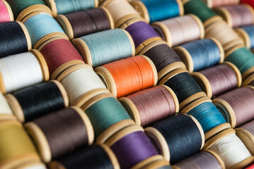 Multi-colored spools of thread close-up. Sewing threads multicolored background closeup
