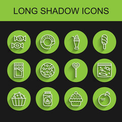 Set line Cupcake, Cherry jam jar, Candy, Apple, Cookie or biscuit, packaging for sweets and Lollipop icon. Vector