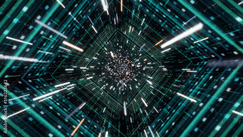 Poster Abstrat hyper jump through green stars into the Universe, seamless loop. Animation. Speed of light moving fast, view inside of time machine tunnel.