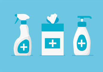 Set of hand disinfectant bottle, disinfection spray and wet wipes in trendy flat style. Antiseptic template. Vector illustrations isolated.