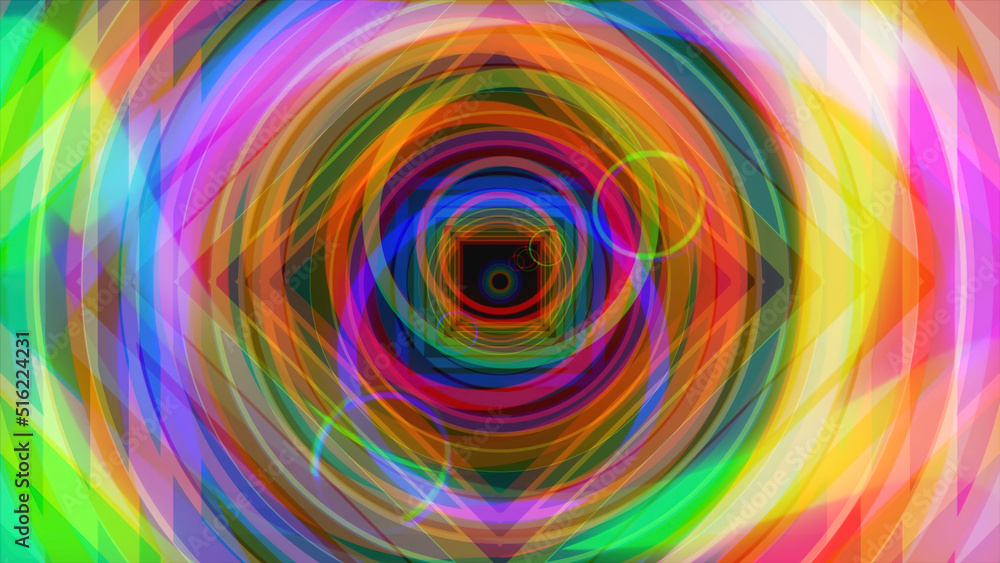 Aufkleber flying through bright colorful hypnotic tunnel with circles and squares, seamless loop. animation. r