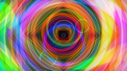 Flying through bright colorful hypnotic tunnel with circles and squares, seamless loop. Animation. Rainbow colors geometrical figures fly in a tunnel.