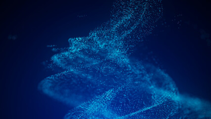 A vortex of dust particles. Illustration of a whirlpool on a blue background. The effect of levitation. Dynamic, explosive wave. Big data. 3D rendering