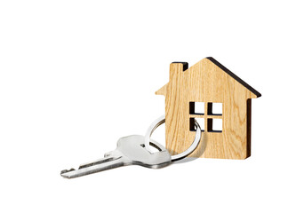 Wooden Figure of house and key on a white background