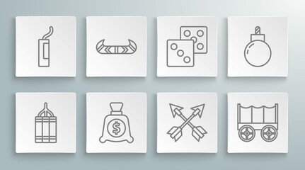 Set line Dynamite bomb, Kayak or canoe and paddle, Money bag, Crossed arrows, Wild west covered wagon, Game dice, Bomb ready to explode and icon. Vector