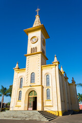 Brodowski, Brazil; JULY 10, 2022: Mother church facade "IGREJA MATRIZ - NOSSA SENHORA APARECIDA&rdquo;