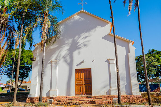 Brodowski, Brazil; JULY 10, 2022: Mother church facade "IGREJA SANTO ANT&Ocirc;NIO - PRA&Ccedil;A CANDIDO PORTINARI&rdquo;