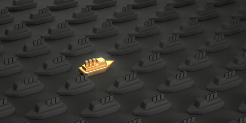 Golden boat On contrary, opposite, One not like other, Contrarian, be against the trend and be non-conformist 3d render