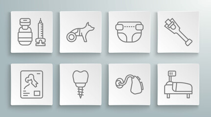 Set line X-ray shots, Dog in wheelchair, Dental implant, Hearing aid, Hospital bed, Adult diaper, Prosthesis leg and Syringe icon. Vector