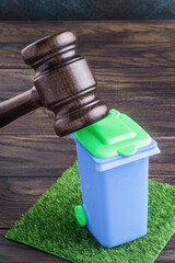Wooden gavel and trash bin on green grass. Violation of environmental regulations concept