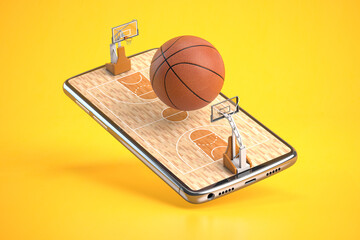 Basketball ball on a basketball court on mobile phone or smartphone. Video game, betting online and watching match online concept.