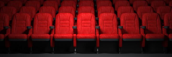 Red seats rows in empty cinema hall. Movie theatre and cinema concept. - obrazy, fototapety, plakaty