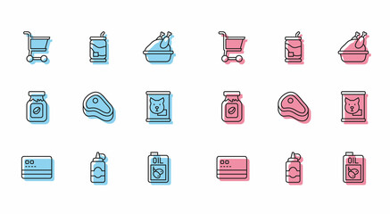 Set line Credit card, Sauce bottle, Shopping cart, Bottle of olive oil, Steak meat, Canned food, Coffee jar and Soda can icon. Vector