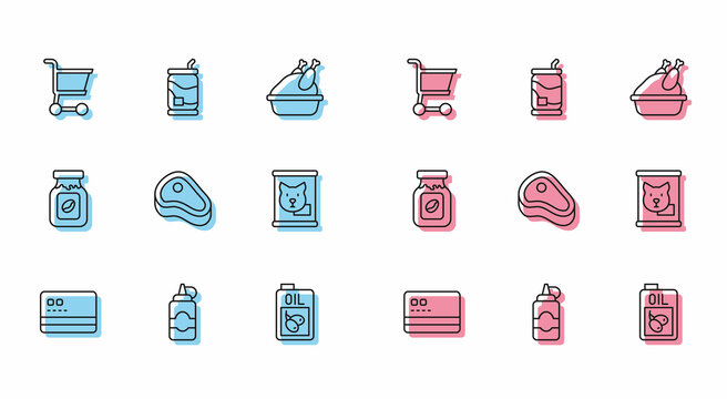 Set line Credit card, Sauce bottle, Shopping cart, Bottle of olive oil, Steak meat, Canned food, Coffee jar and Soda can icon. Vector