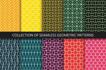 Collection of vector colorful seamless geometric ornamental patterns. Grid endless oriental backgrounds. Bright repeatable prints
