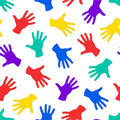 Vector colorful seamless pattern in contemporary style. Abstract trendy background with drawing human hands. Bright endless print