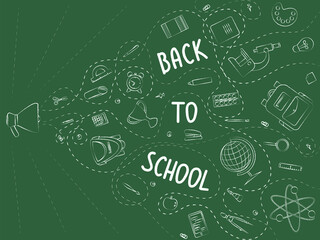 Back to school poster, banner with school supplies and ribbon