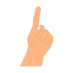 Drawing cartoon human arm isolated on white background. Drawn hand gesture finger up - attention. Art style - vector illustration
