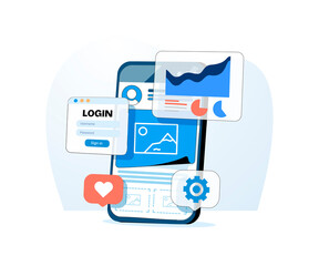 Mobile application development process. Web application builder. Social media app. UI, UX interface social network.