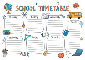 School timetable. Vector planner template for students. Funny doodle school schedule. Kids hand drawn outline design