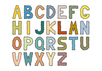 Multicolored English alphabet with wavy outlines of letters in doodle style.	