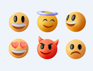 Big set of 3D emoticon smile icons. Comment social media, chat comment reactions, icon template face tear, smile sad, hug love like, Lol, devil emoji character message 3D Cartoon emoji set. Vector