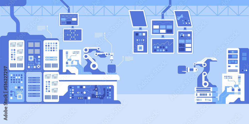 Poster technology and science for industry development. flat color vector illustration. high tech in manufa