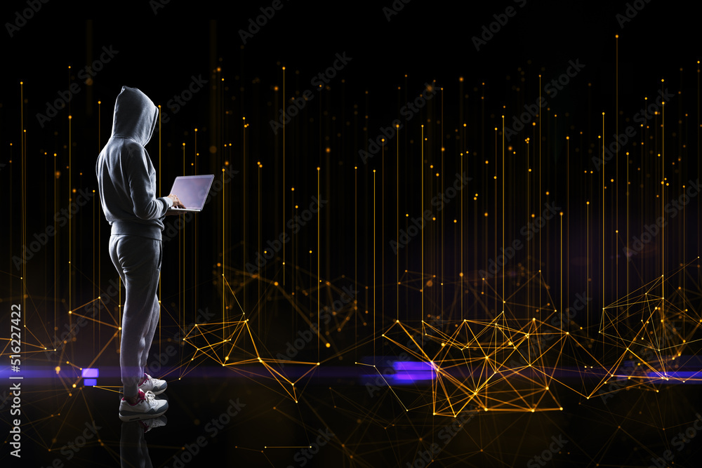 Poster Hacker in hoodie using laptop with abstract polygonal lines on dark background. Big data, technology, metaverse and future concept.