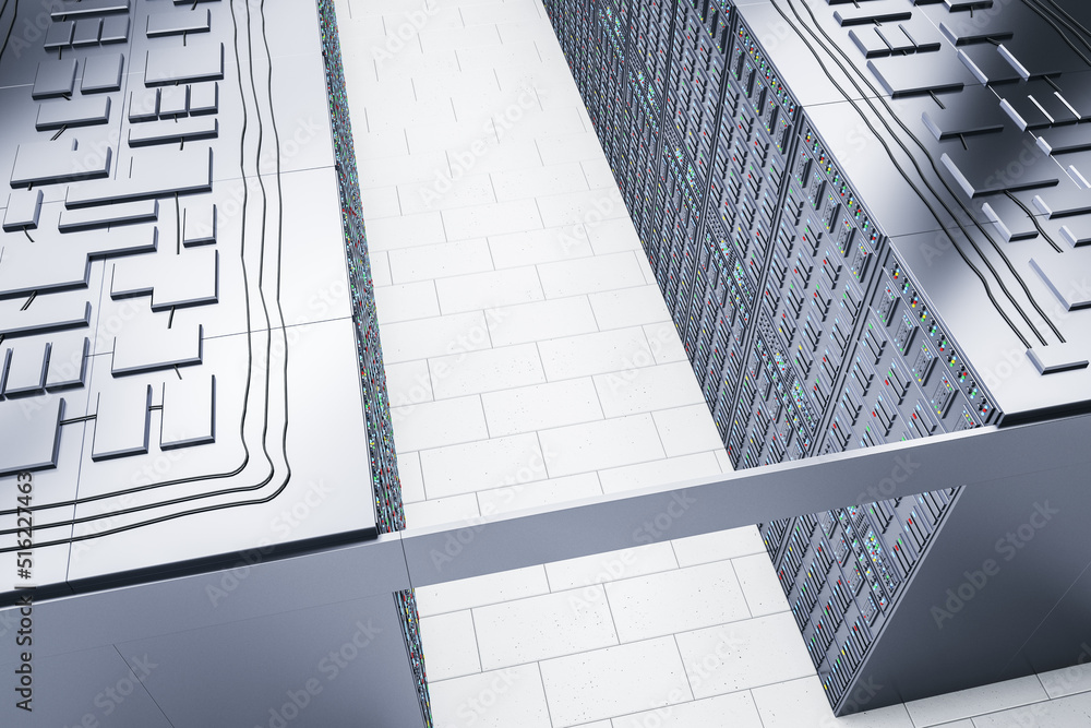 Poster Creative server room interior backdrop with racks. Cloud computing and telecommunication concept. 3D Rendering.