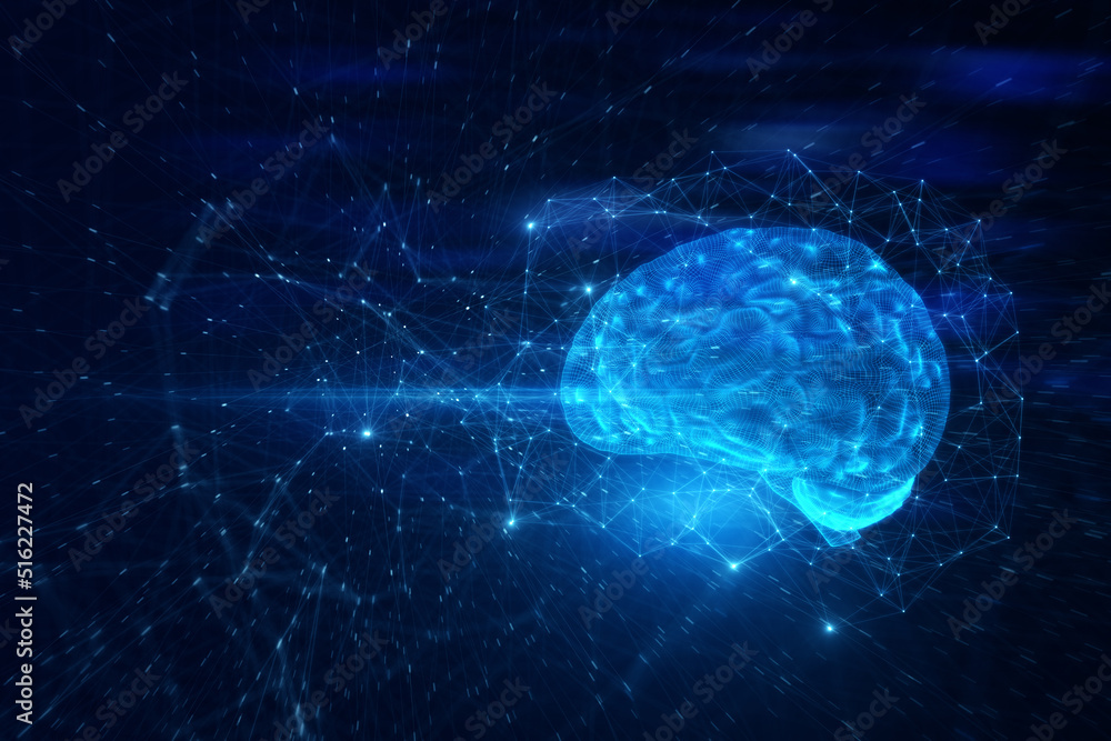Poster Abstract blue polygonal brain hologram on blurry wallpaper. AI and machine learnign concept. 3D Rendering.