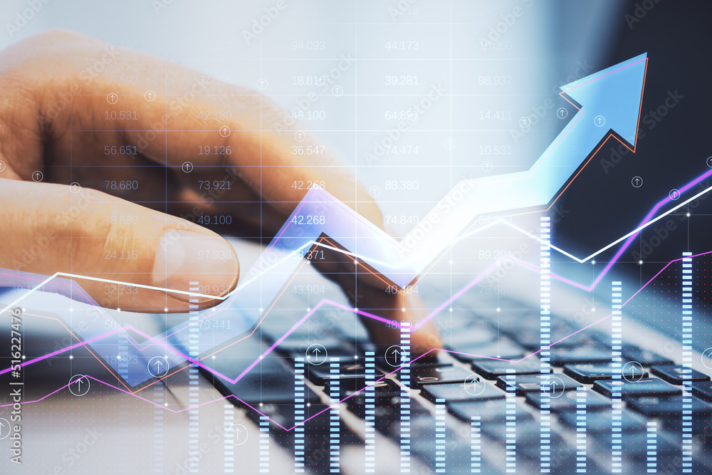 Poster Close up of businessman hands using laptop with abstract growing business arrow and chart on blurry background with index grid. FInancial data, technology, trade and market concept. Double exposure.