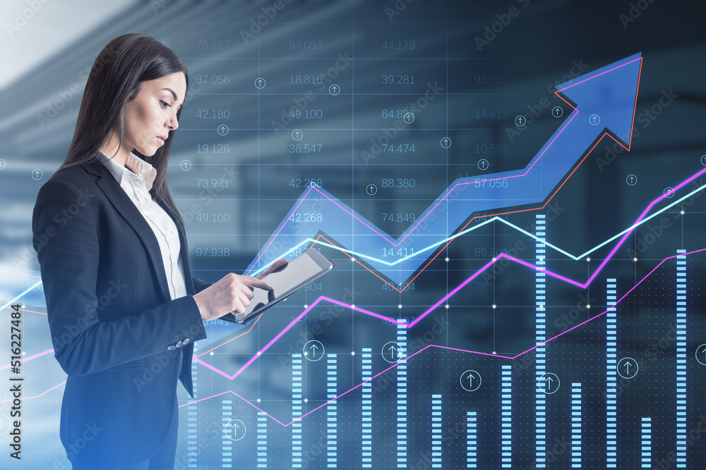 Poster businesswoman using tablet with abstract growing business arrow and chart on blurry office interior 