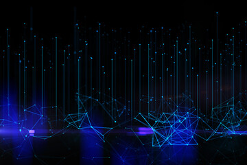 Abstract polygonal lines on dark background. Big data, technology, metaverse and future concept. 3D...