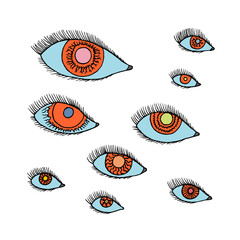 Many eyes of different shapes and color in doodle style. Hand Drawn. Freehand drawing.