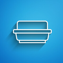 White line Butter in a butter dish icon isolated on blue background. Butter brick on plate. Milk based product. Natural dairy product. Long shadow. Vector