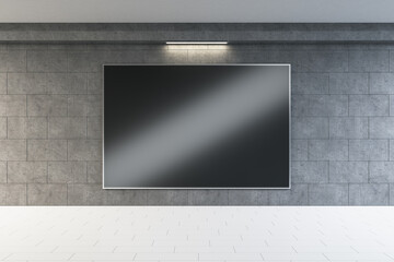 Blank black screen banner with reflections in concrete tile urban underground interior. Advertisement and commercial concept. Mock up, 3D Rendering.