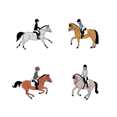 Set of cute ponies and young riders, children's vector illustration