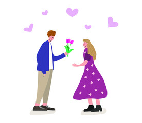 Vector illustration, the guy gives the girl a bouquet of flowers. Loving couple in flat style. Man and woman on a date. Romantic atmosphere. Stylish characters in love. A girl in a dress.