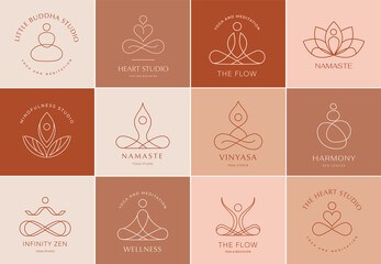 Collection of Yoga, Zen and Meditation logos, linear icons and elements. Bohemian style minimalist illustrations in pastel colors - obrazy, fototapety, plakaty