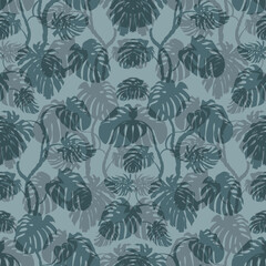 Seamless monochrome tropical pattern with silhouettes of monstera leaves in gray shades for textiles and surface design in the interior