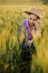 Naklejka na ściany i meble A young farmer sits in the ears of wheat and analyzes here growth