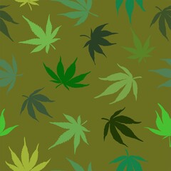 Obraz premium Seamless pattern of green cannabis leaves on a brown background. Green hemp leaves