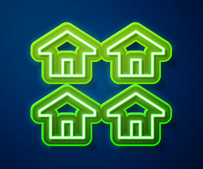 Glowing neon line House icon isolated on blue background. Real estate agency or cottage town elite class. Vector