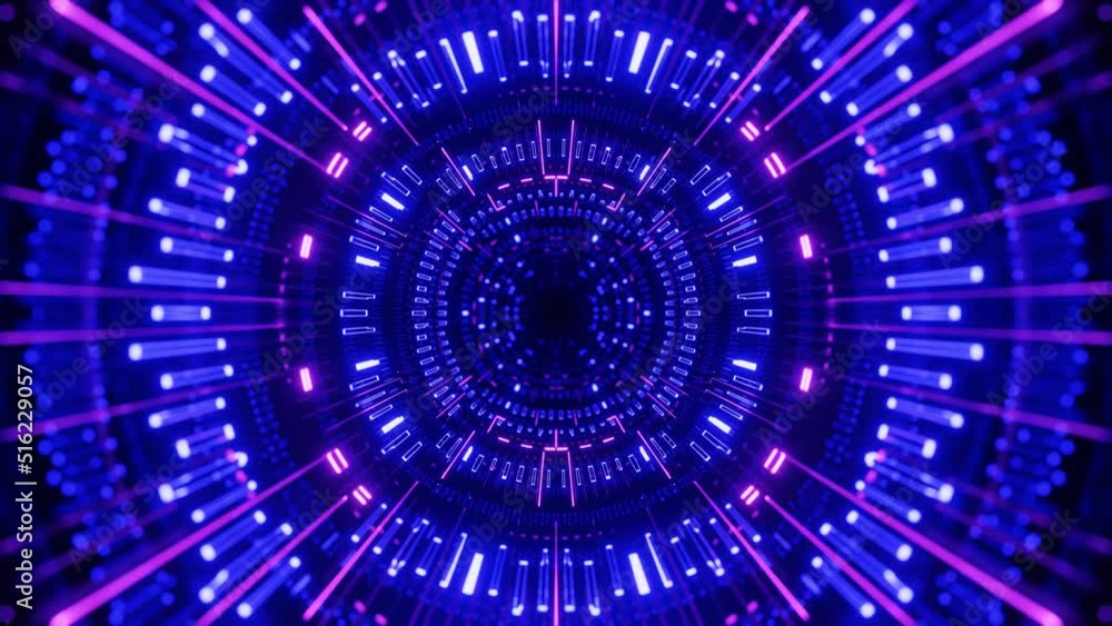 Poster 4k seamless looped animation. fly through mirror symmetrical tunnel with neon pattern, sci fi glow p