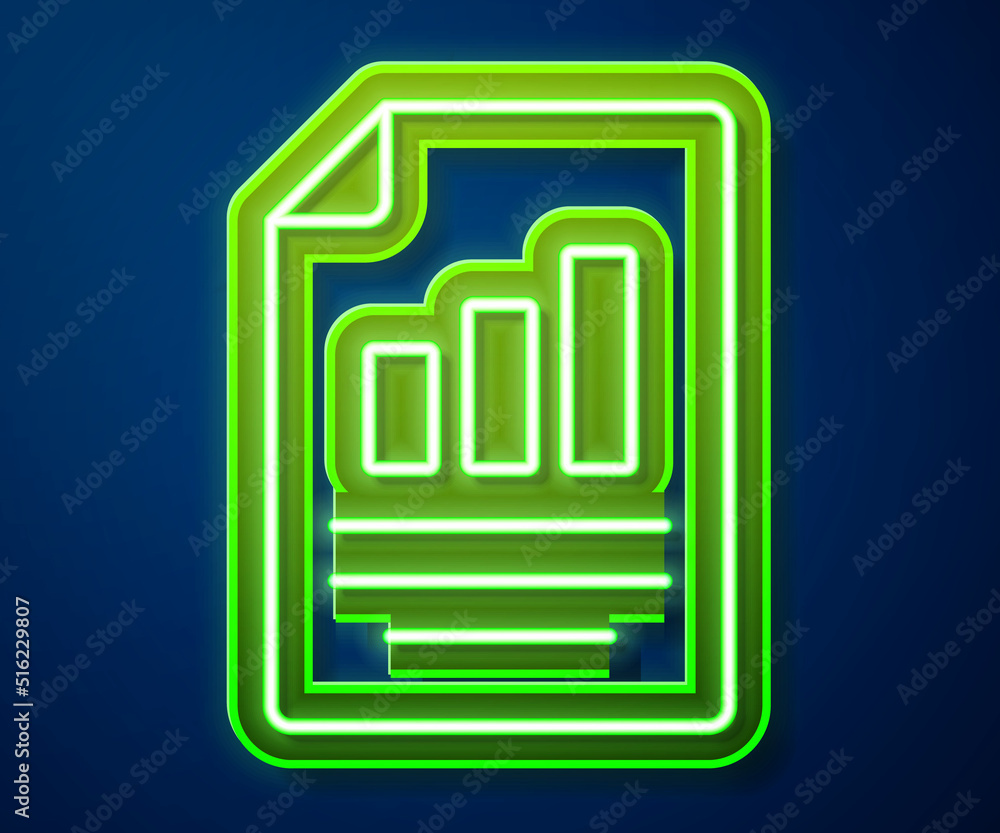 Poster glowing neon line document with graph chart icon isolated on blue background. report text file icon.