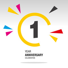 1 Year Anniversary, number in broken circle with colorful bang of confetti, logo, icon, white background