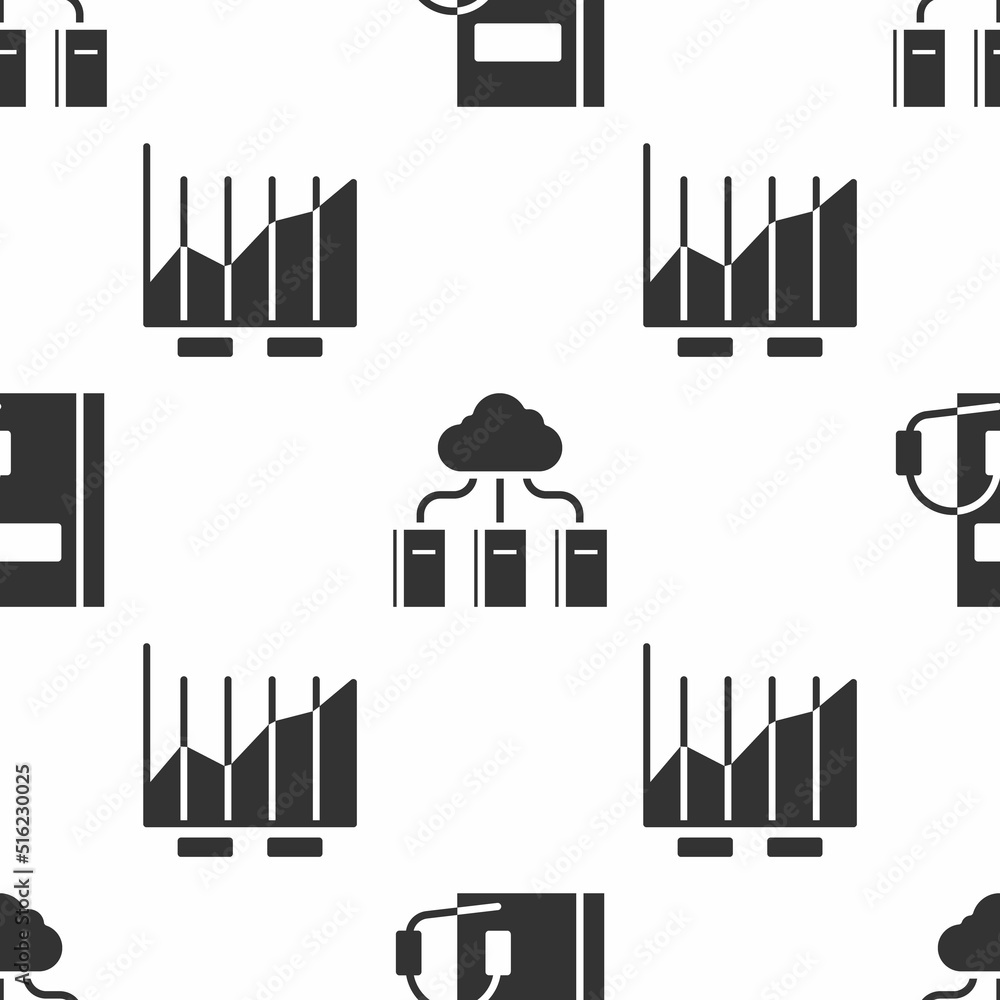 Poster set audio book, cloud or online library and pie chart infographic on seamless pattern. vector