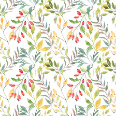 Watercolor pumpkin, figs, leaves seamless pattern isolated. Hand painted white botanical autumn floral illustration, pumpkin ornament for thanksgiving, halloween fabric, greeting card design,diy
