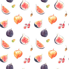 Watercolor pumpkin, figs, leaves seamless pattern isolated. Hand painted white botanical autumn floral illustration, pumpkin ornament for thanksgiving, halloween fabric, greeting card design,diy